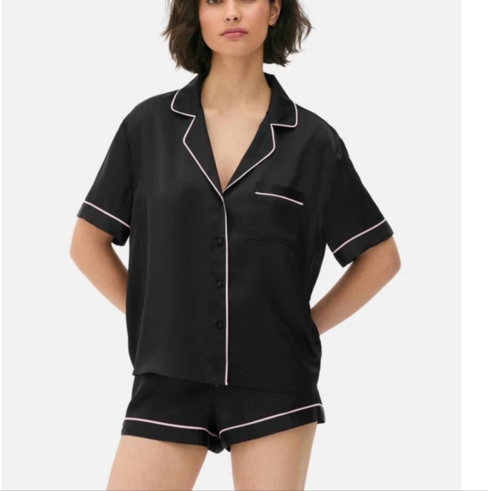 Black Satin Pajama Set with Pink Accents - Picture 2 of 7